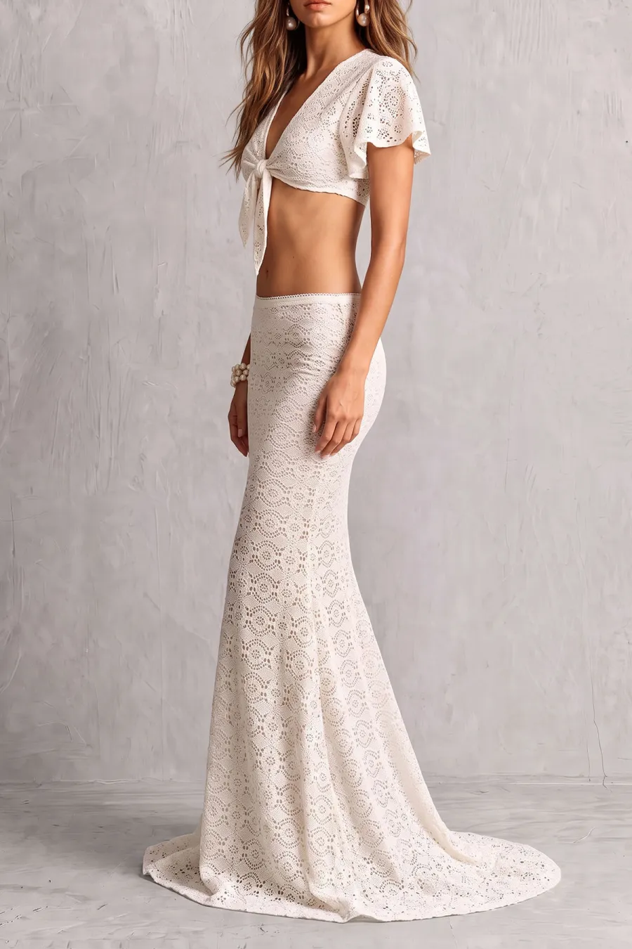 Tie Detail Lace Matching Skirt Set