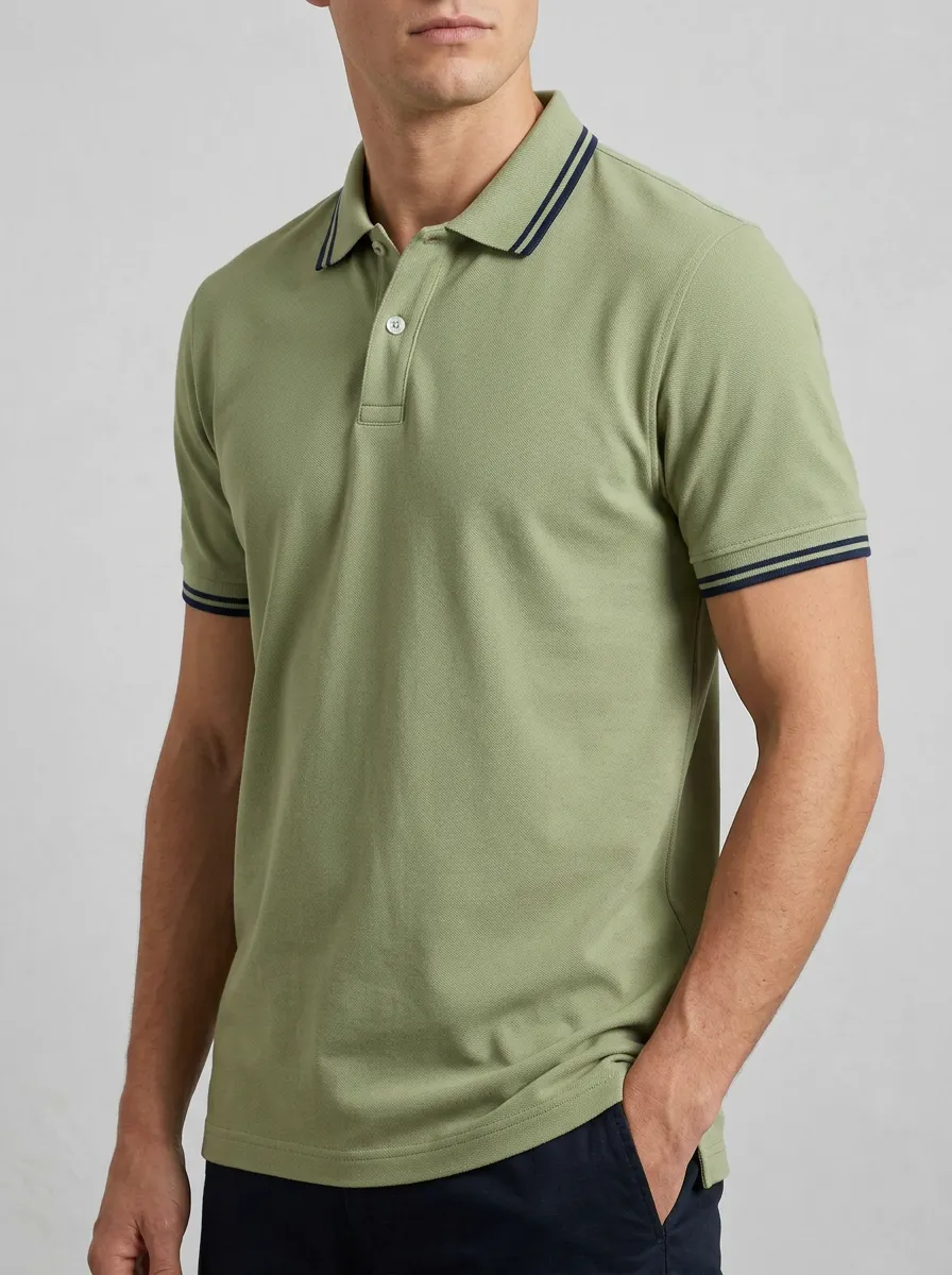 Men's Olive Green Contrast Tipped Collar Polo Shirt