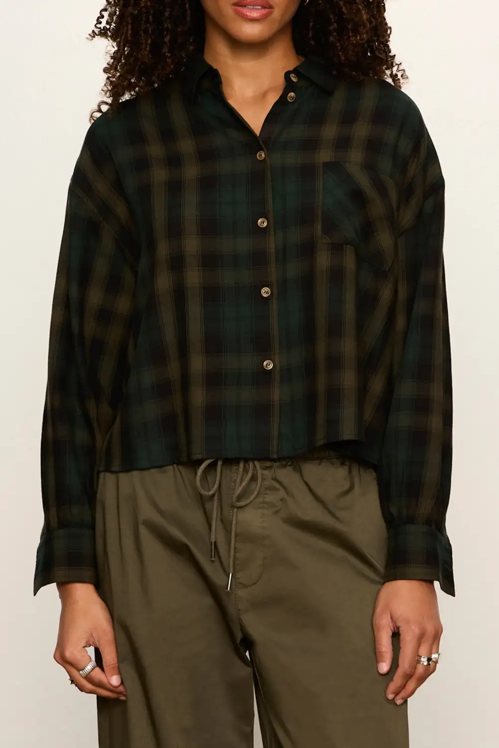 Plaid Button Front Collared Cropped Shirt