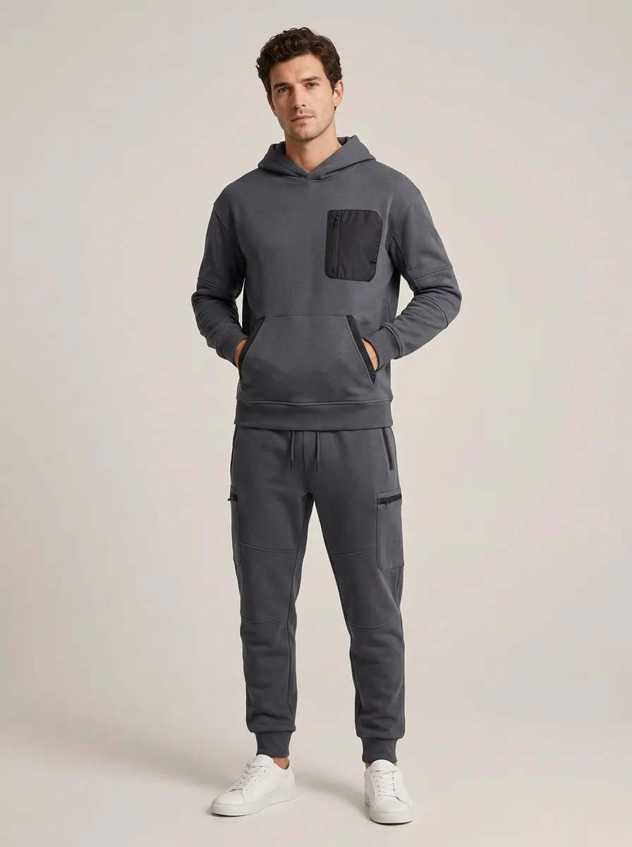Men's Sporty Casual Grey Cargo Pocketed Hoodie Jogger Set