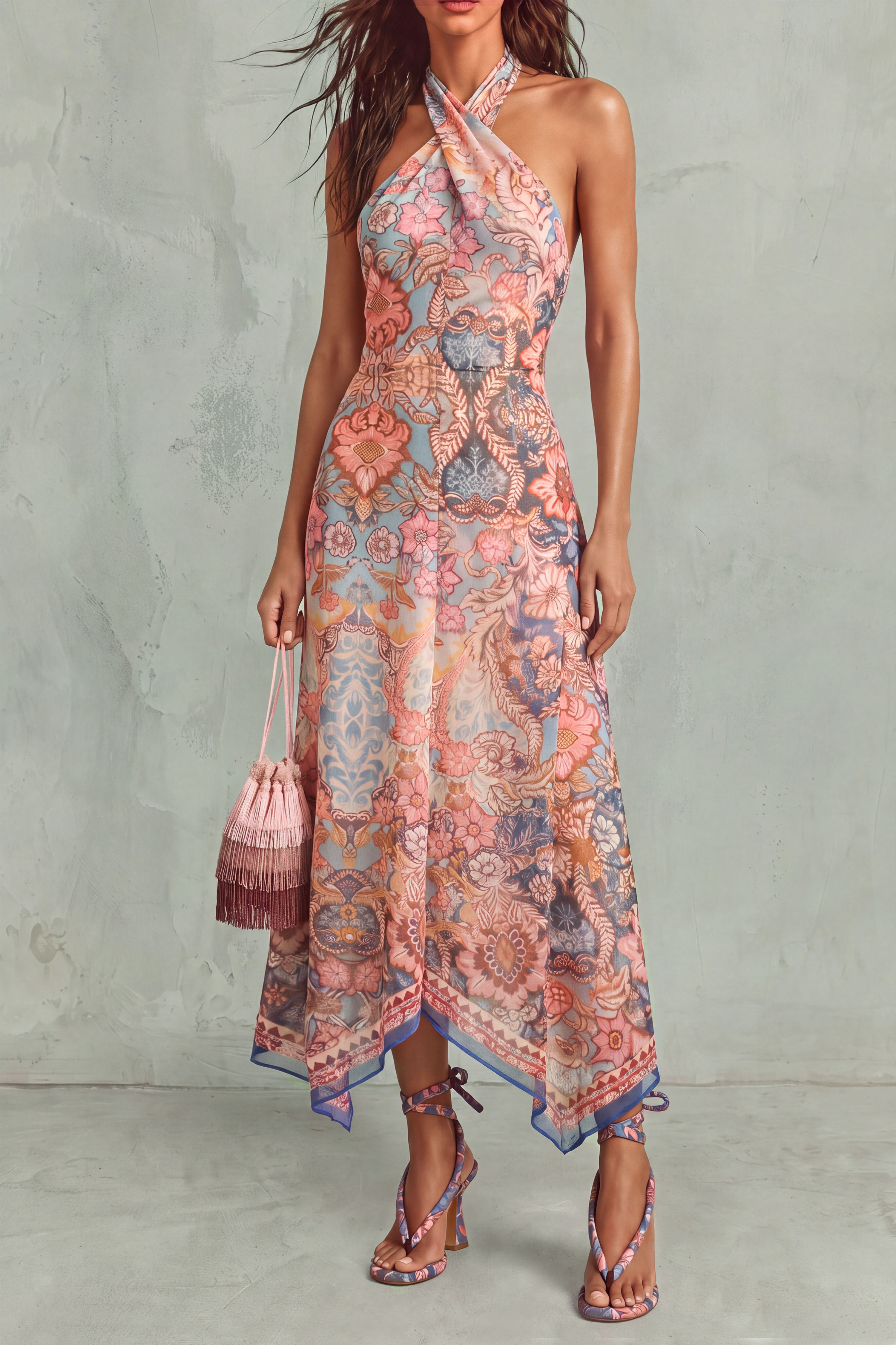 Halter Neck Floral Midi Dress