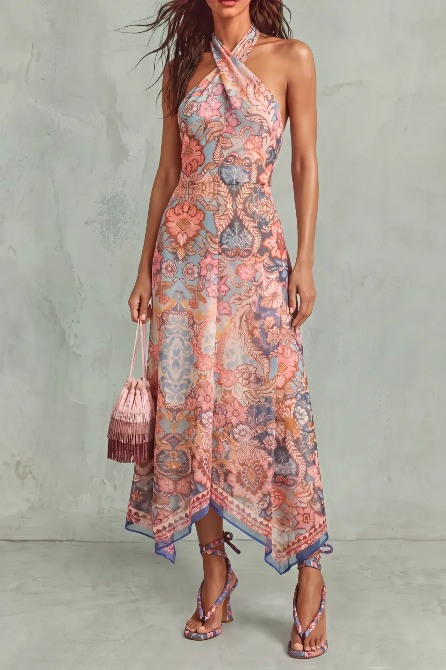 Halter Neck Floral Midi Dress