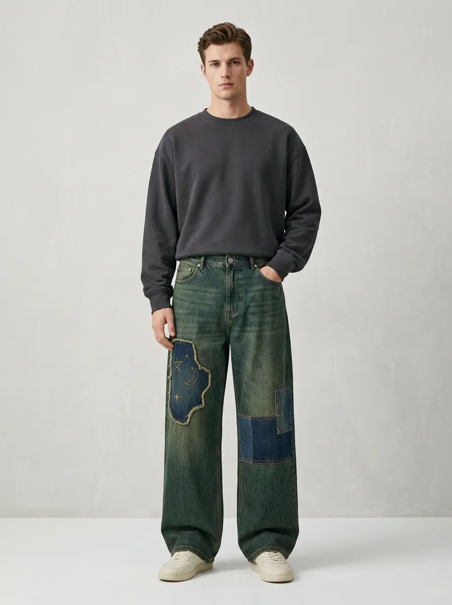 Wide Leg Patchwork Celestial Graphic Star Graphic Men's Loose Fit Jeans