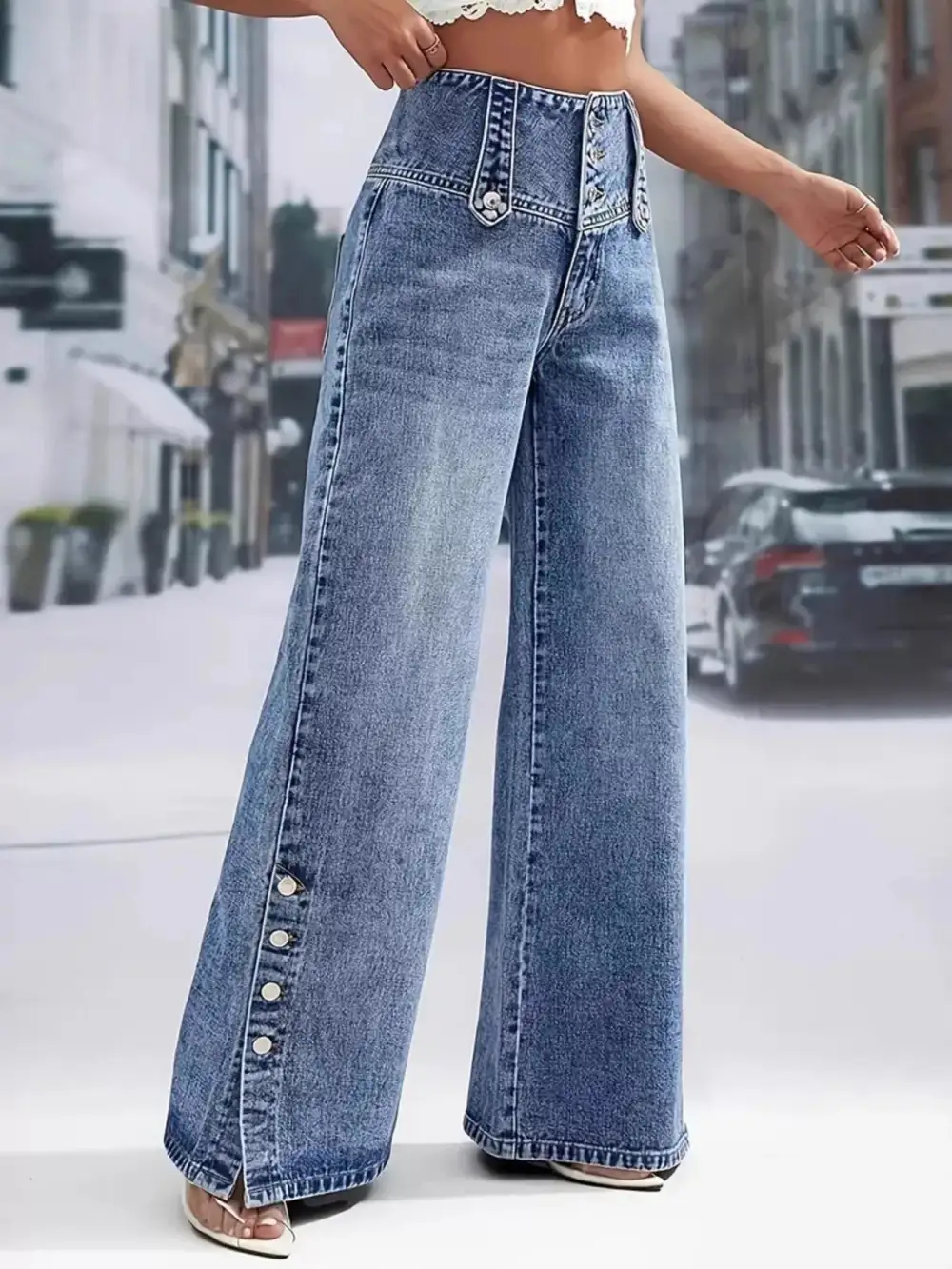 High Waist Wide Leg Button Denim Jeans