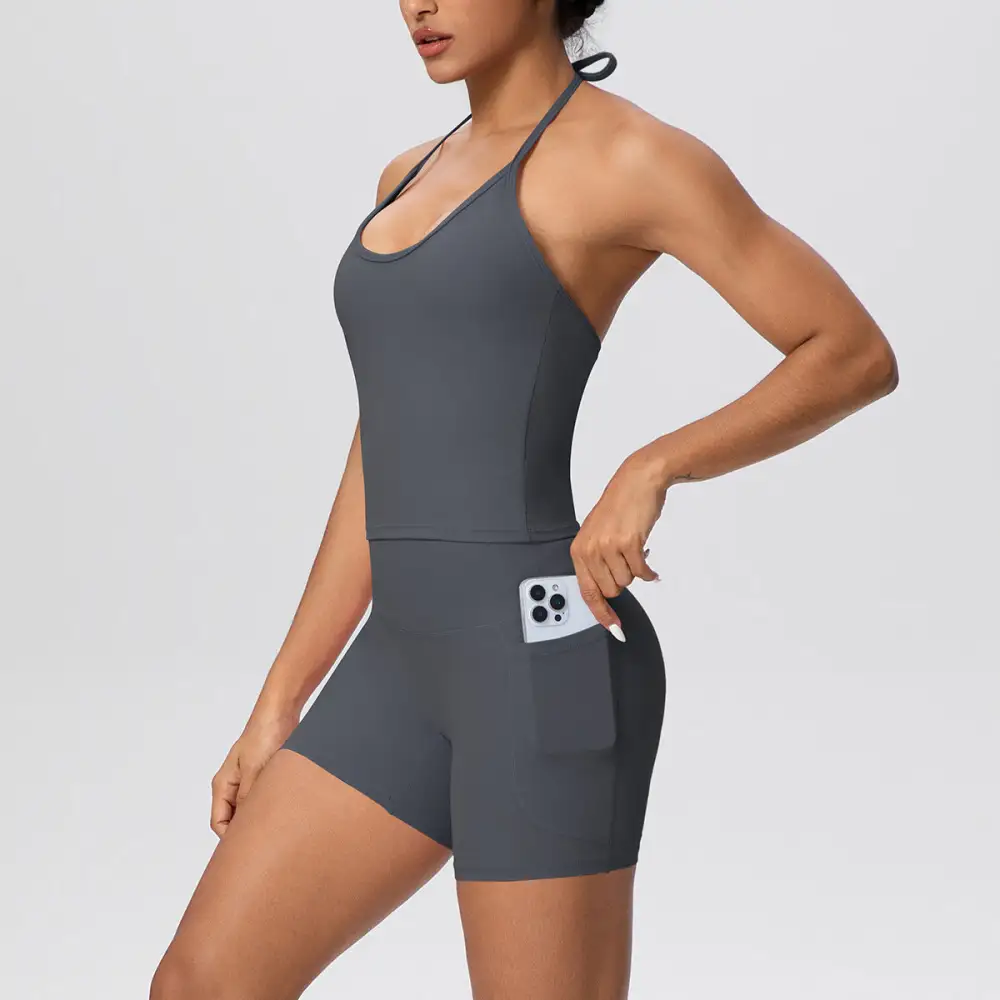 Halter-Neck Backless Top, Vest and Shorts Active Set