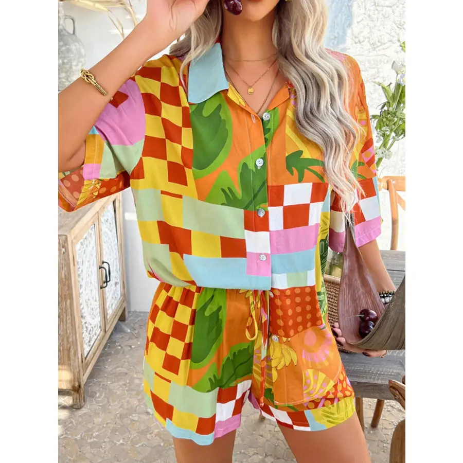 Printed Collared Neck Half Sleeve Top and Shorts Set