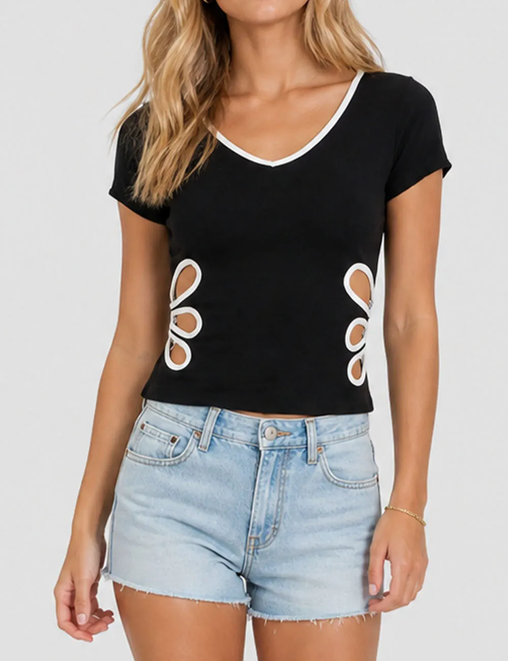 Color Block V Neck Side Cutout Short Sleeves T-shirt