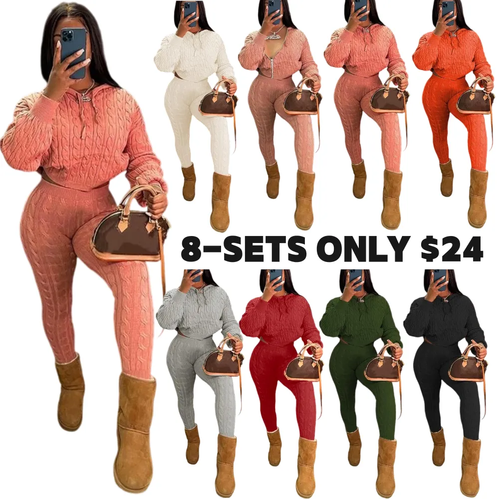 Women's Minimalist Textured Long Sleeve Crop Hooded Sweater& High Waist Skinny Pants Set