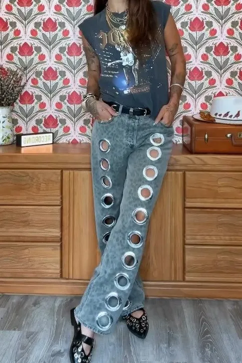 Leopard-Print Eyelet Jeans