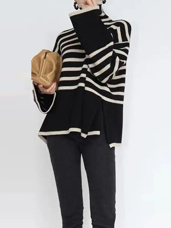 Striped Split Hem Paneled High Neck Long Sleeve Relaxed Fit Sweater