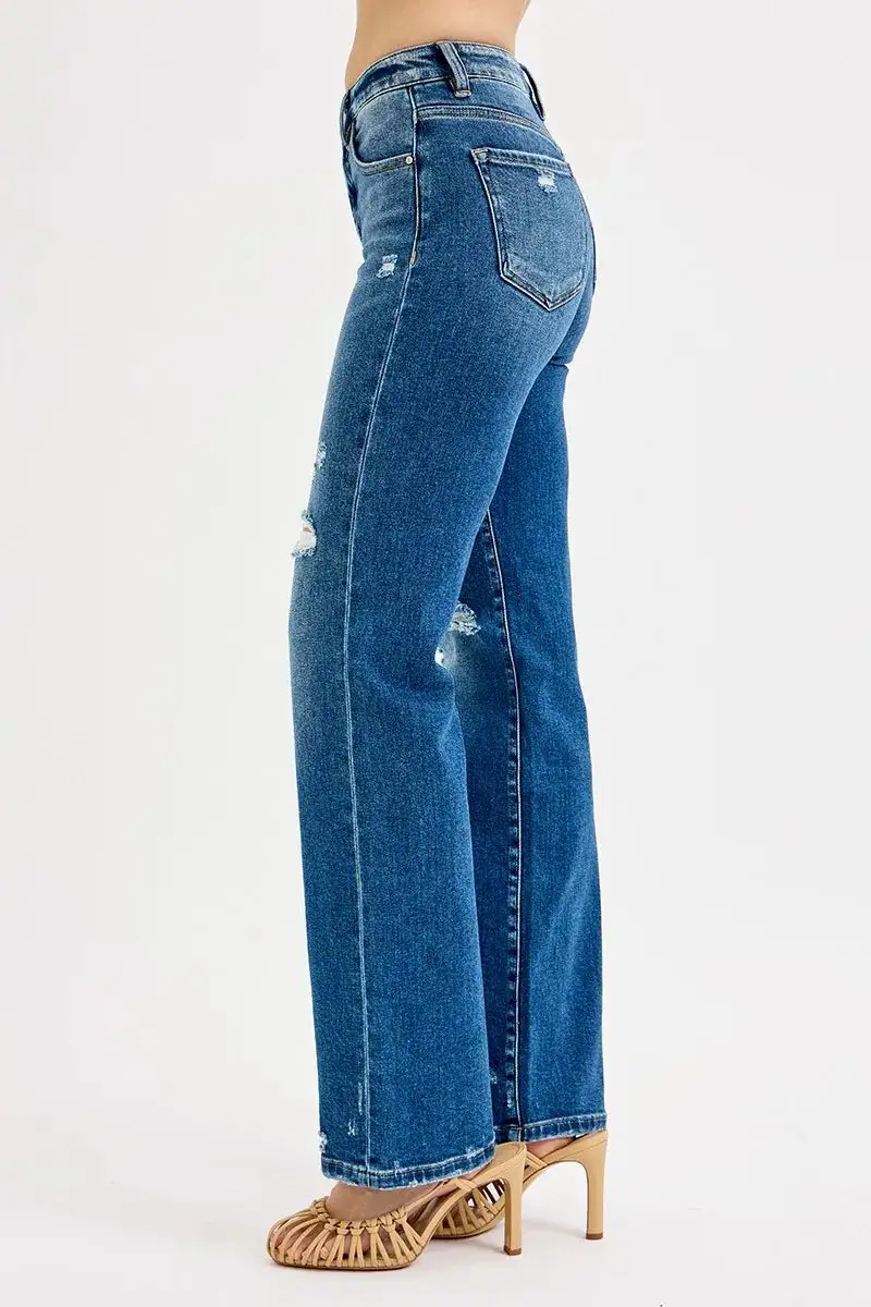 Refined High-Rise Distressed Washed Pocketed Straight Leg Jeans