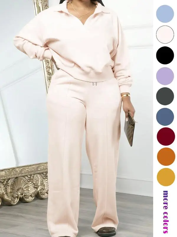 Women'S Solid Long Sleeve Sweatshirt & Drawstring Waist Pants Set