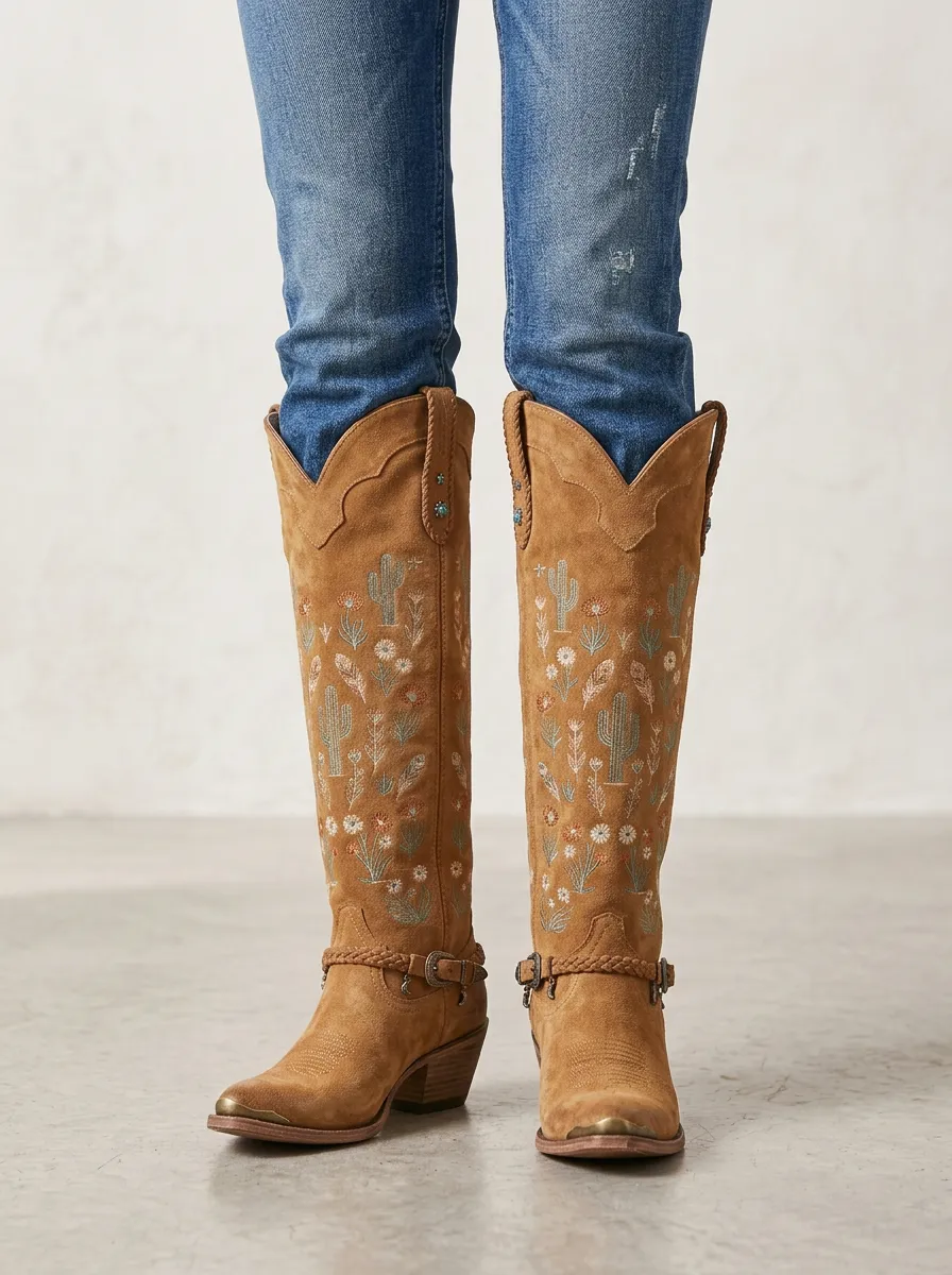 Women's Western Cactus Floral Turquoise Embroidered Braided Studded Denim Over-the-Knee Boots