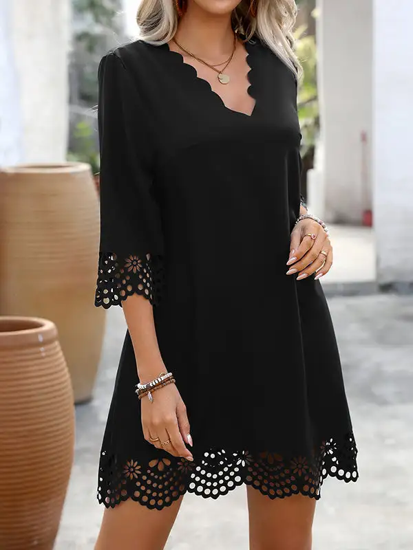 A Line Relaxed Hollow Solid Color V Neck Mini Dress
