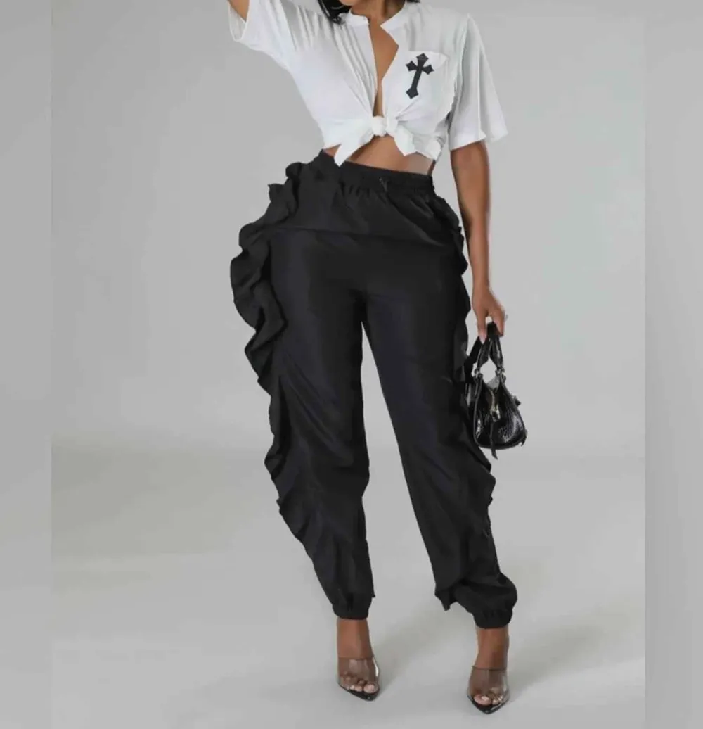 Drawstring Waist Ruffle Side Cargo Pants