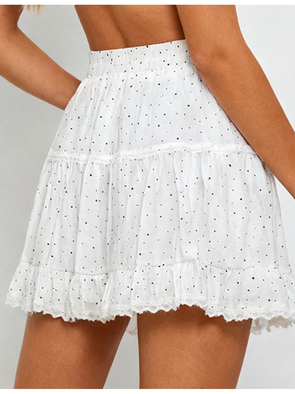 Polka Dot Lace Trim Elastic Waist Mini Skirt