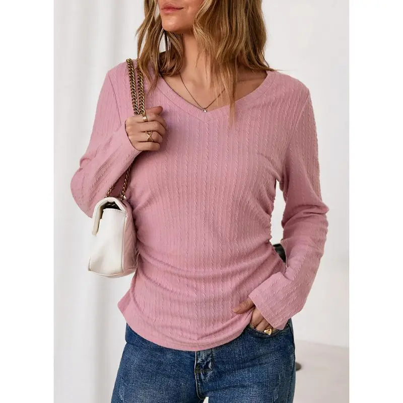 Womens Tops Casual V Neck Long Sleeve Shirts for Women Fashion Solid Ruched Basic Tunics Blouses