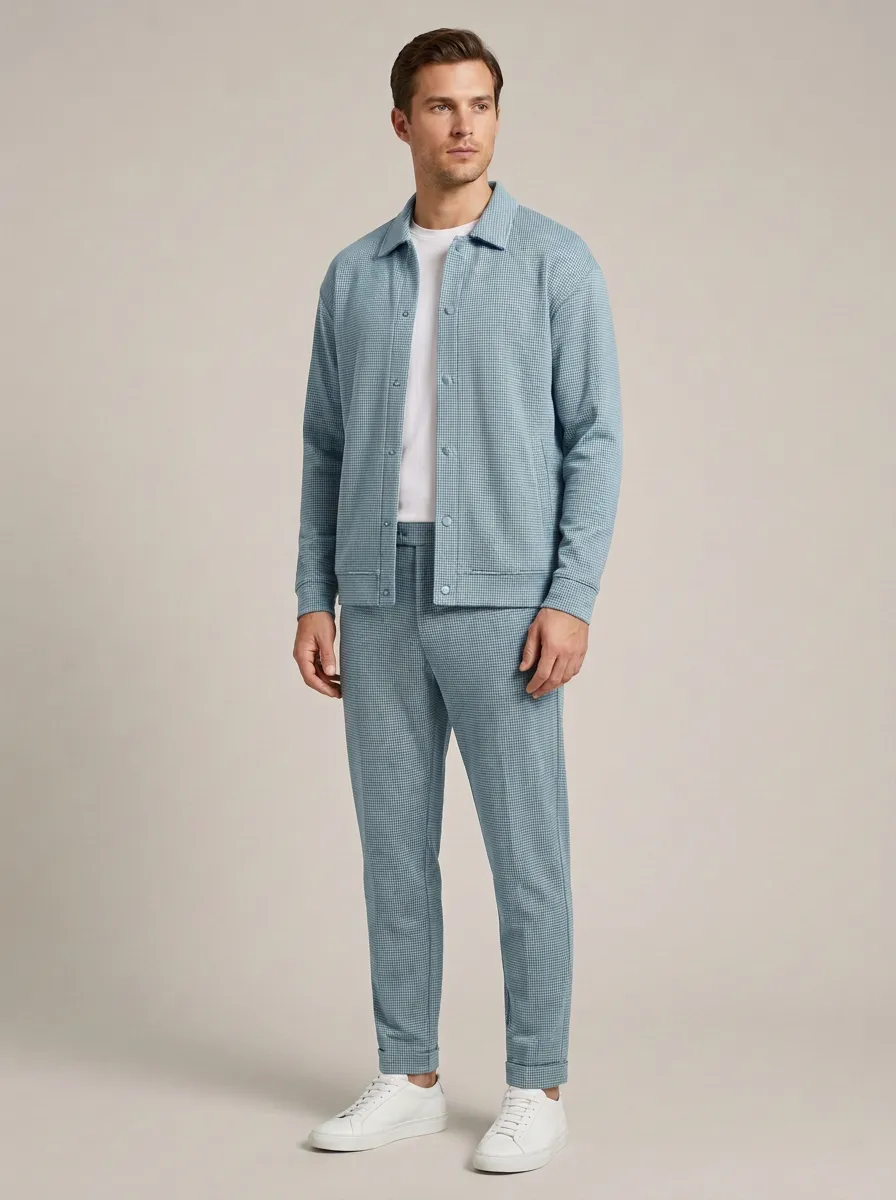 Men's Relaxed Houndstooth Polo Collar Jacket and Jogger Pants Set
