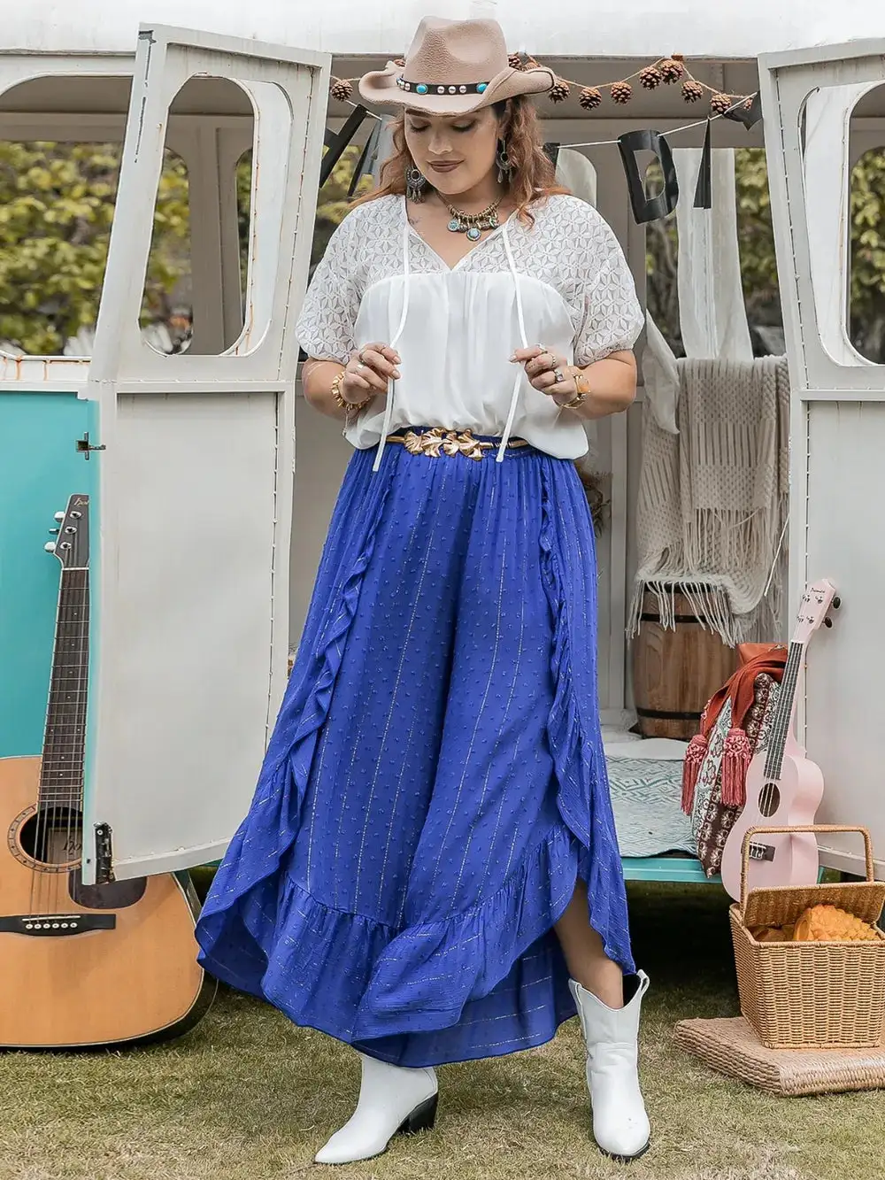 Ruffle Trim Wide Leg Pants
