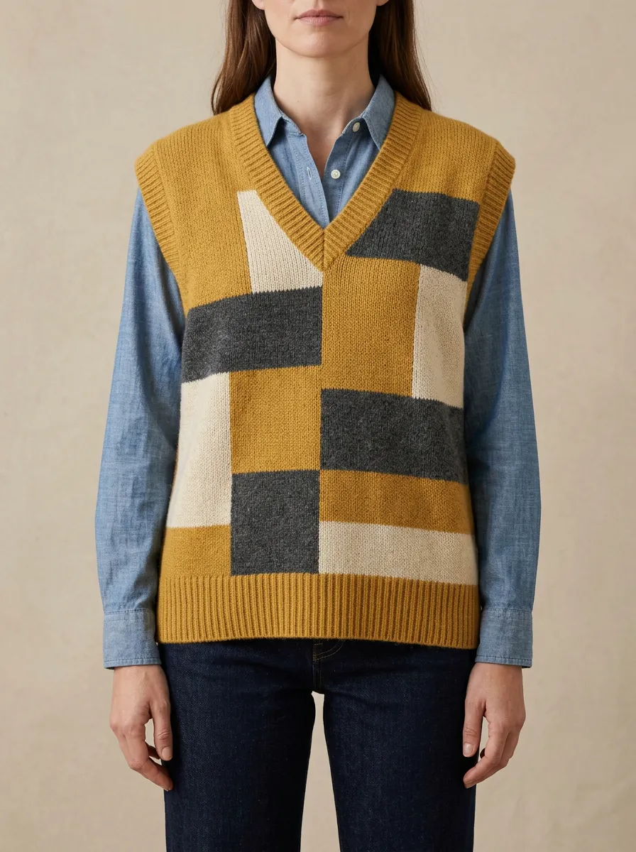 Geometric Colorblock Textured Sweater Vest