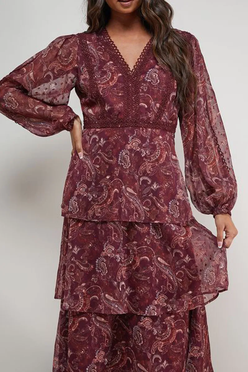 Casual Style V-neck Printed Lace Dress