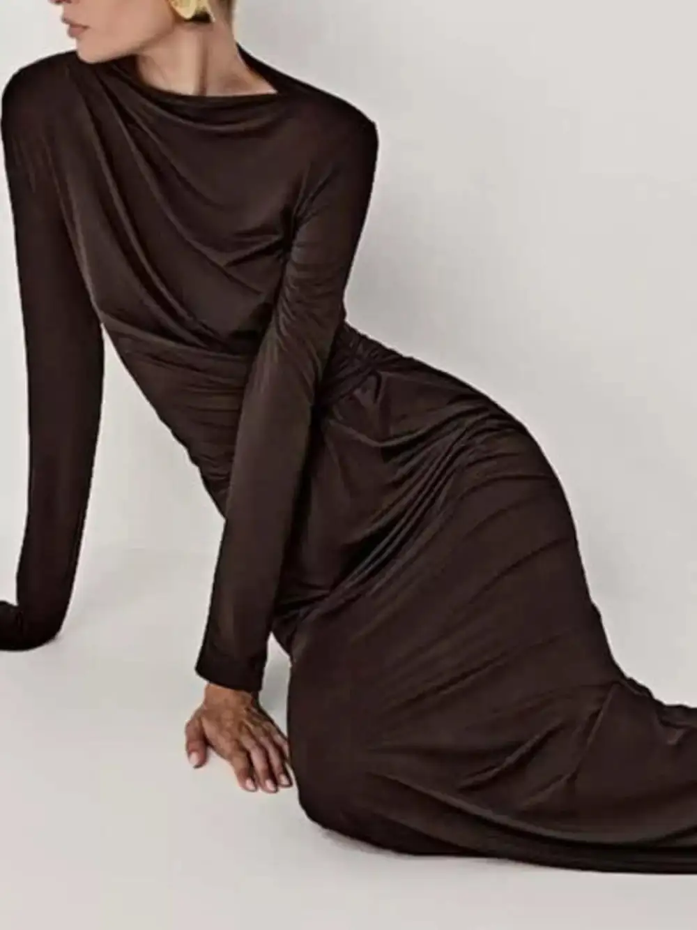 Balanced Detail Ruched Long Sleeve Maxi Dress
