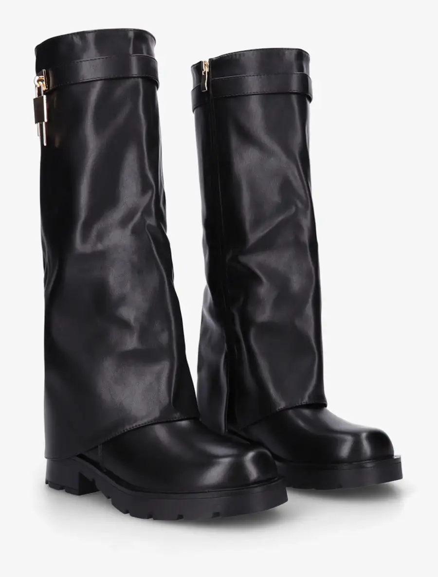 Textured Block Heel Fold-Over Faux Leather Knee High Boots