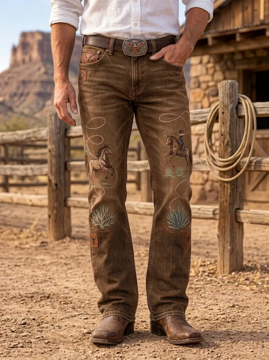 Men's Frontier Inspired Western Cowboy Horse Lasso Jeans