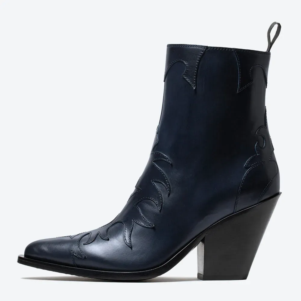Faux-Leather Side-Zip Zip-Up Pointed-Toe Western Boots