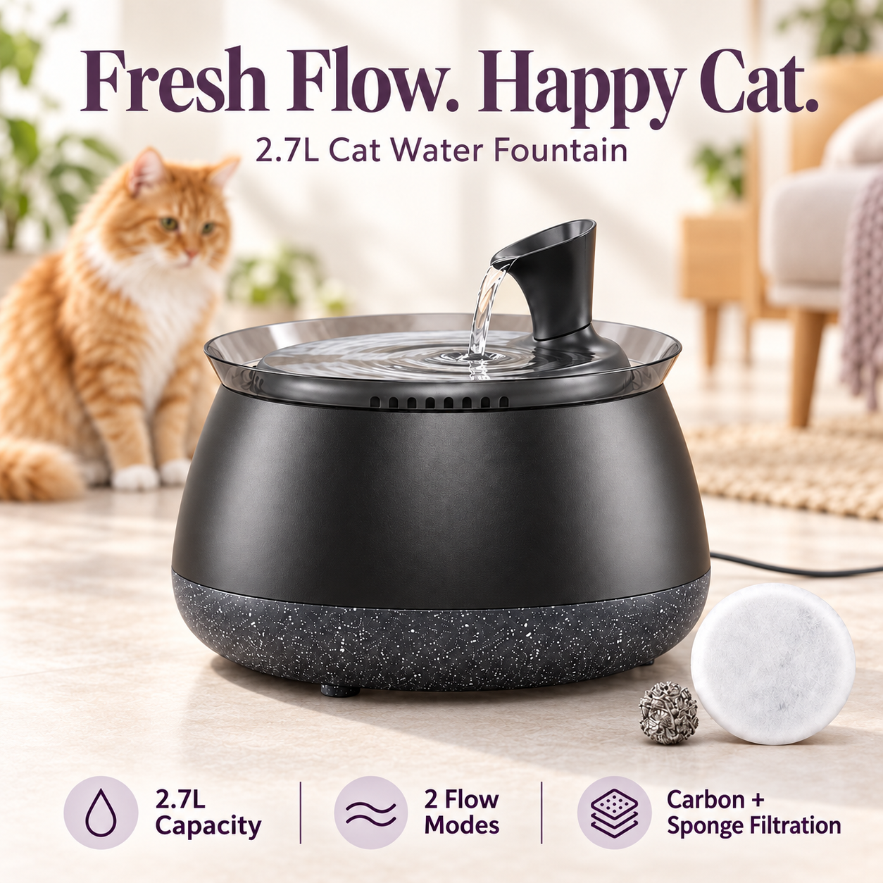 2.7L cat water fountain with two flow modes and carbon plus sponge filtration