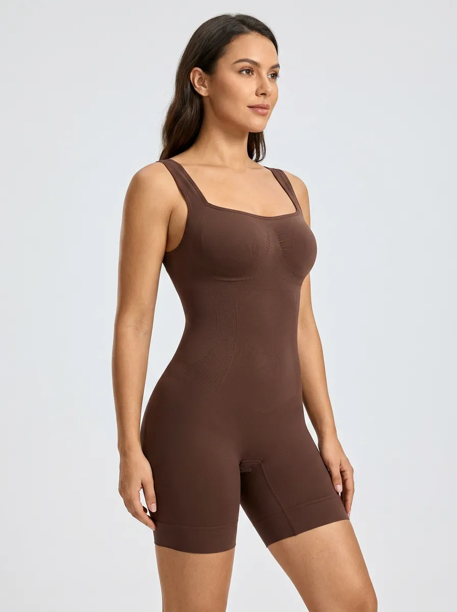Women's Brown Seamless Square Neck Tummy Control Bodysuit Shapewear