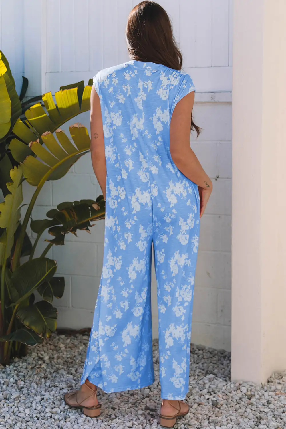 Myosotis Floral Print Half Button Wide Jumpsuit