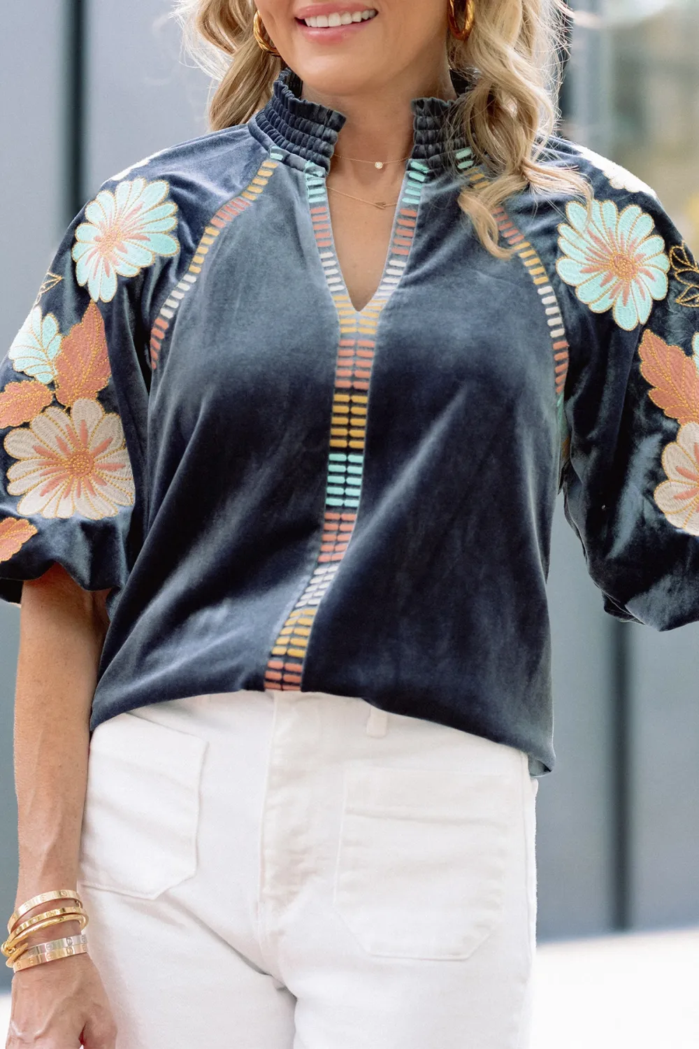 Floral Embroidered Velvet Puff Sleeve Top