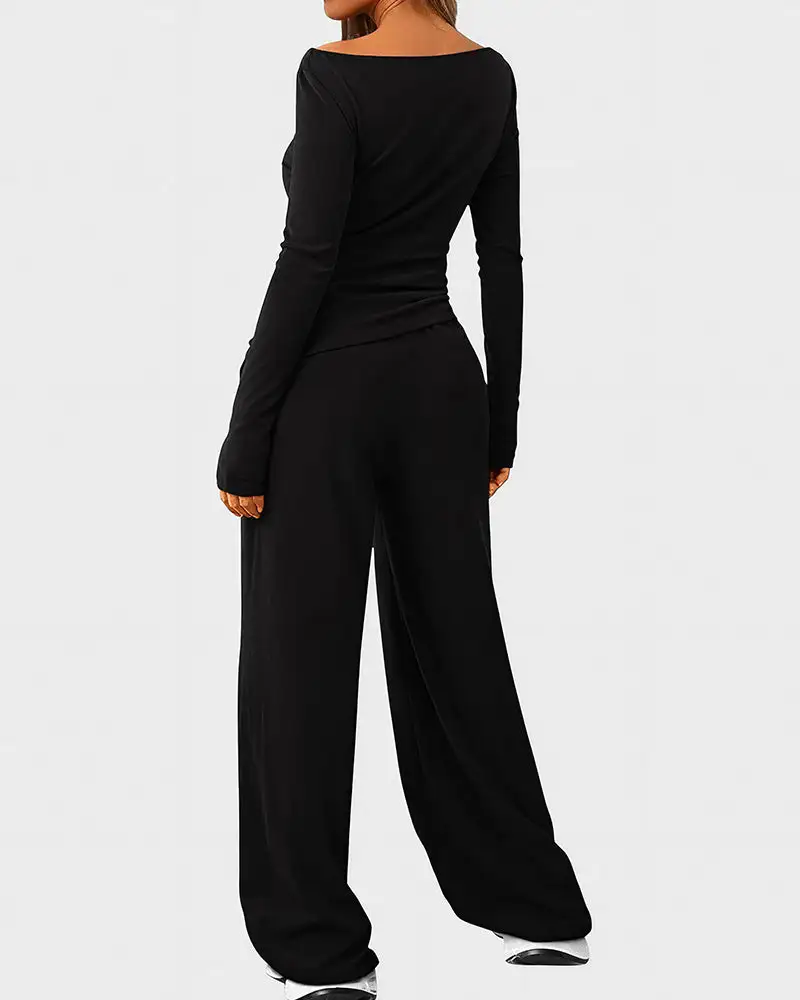 Asymmetrical Long Sleeve Top and Wide Leg Pants Lounge Set