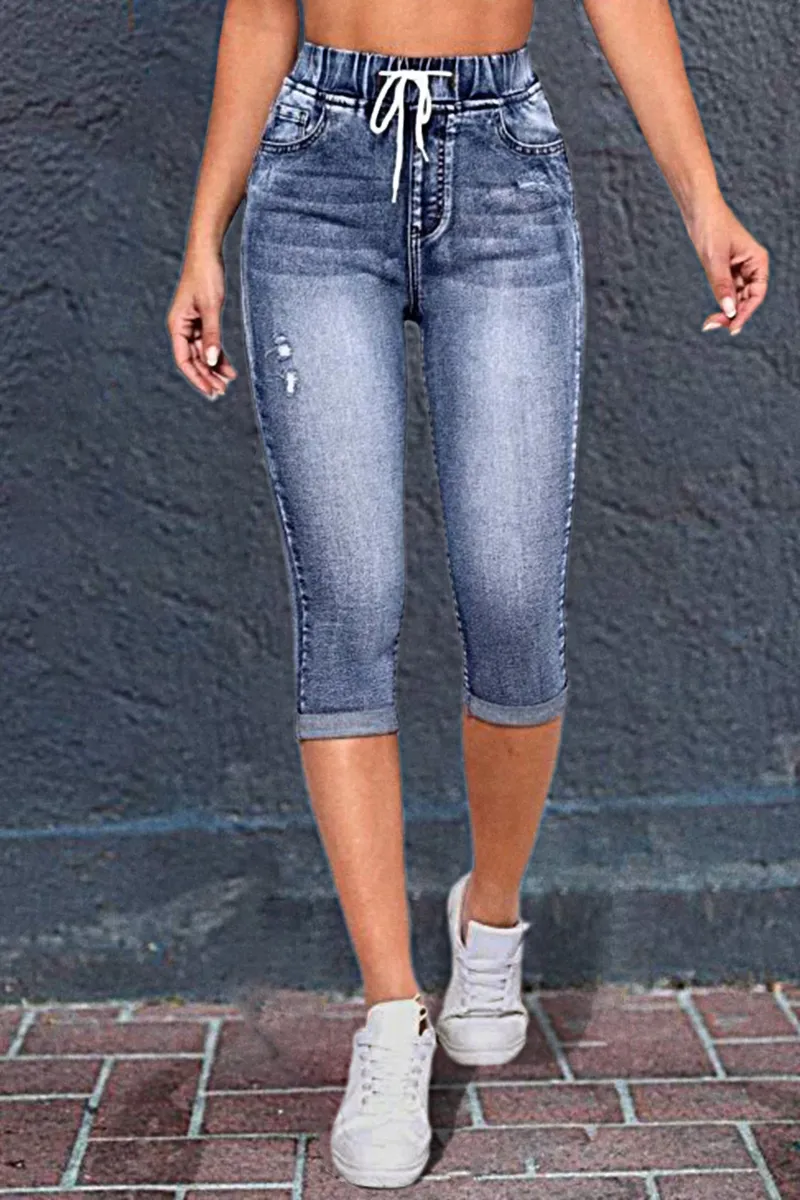 Ripped Drawstring Waist Capris Jeans