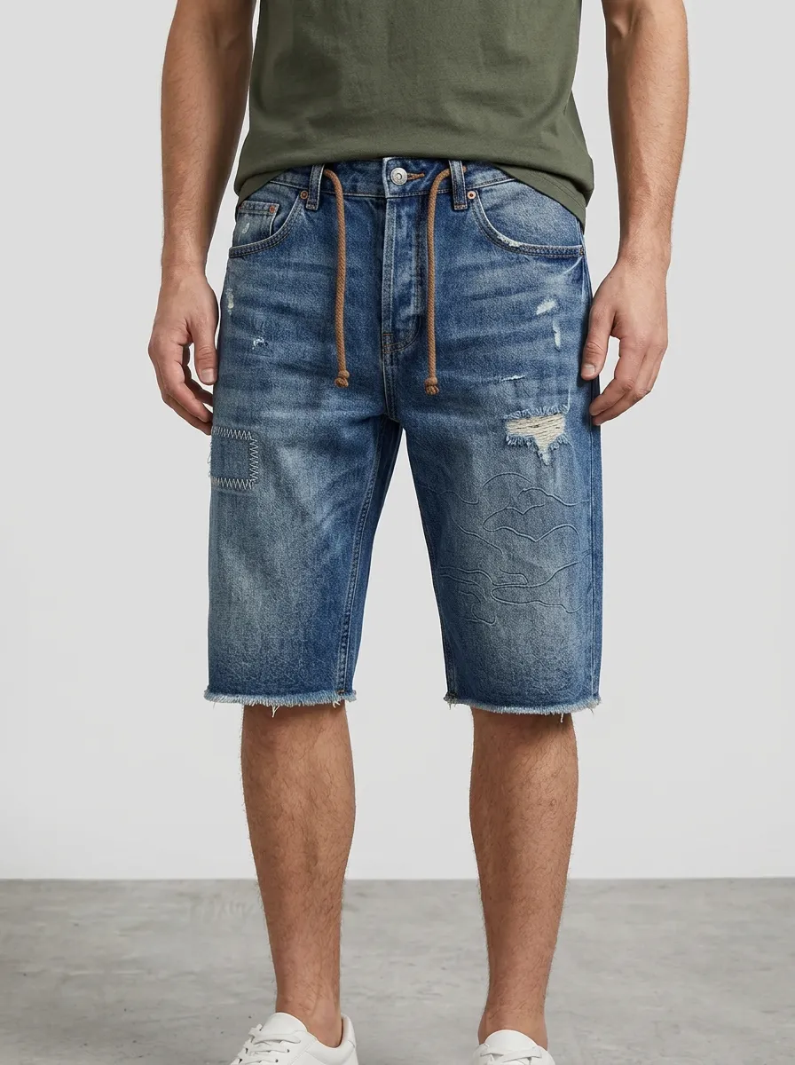 Men's Patchwork Distressed Raw Hem Distressed Denim Shorts