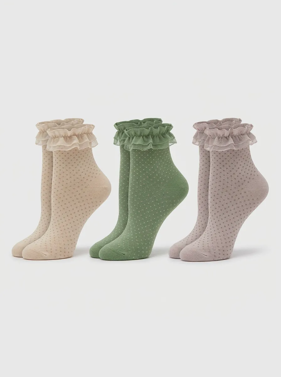 Women's Vintage Style Polka Dot Ruffled Trim Printed Socks 3-Pack