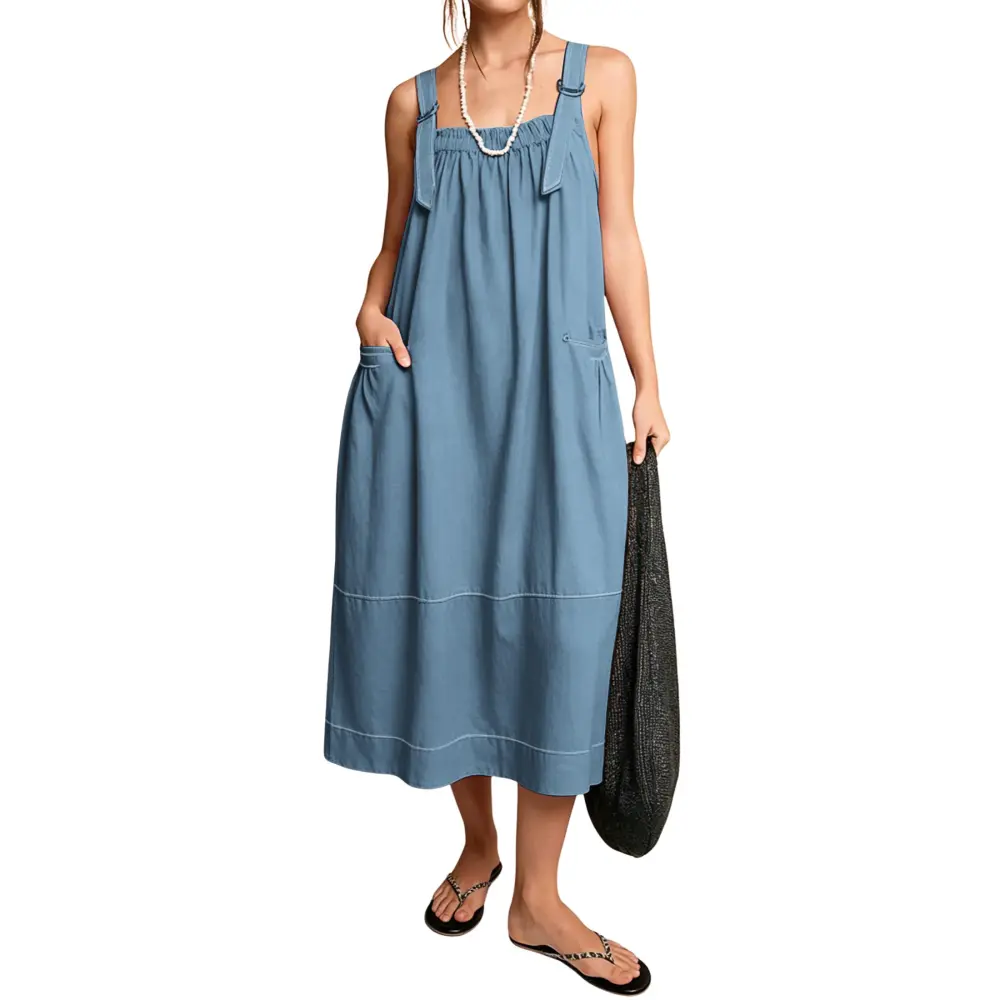 Women's Barrel Midi Dress Sleeveless Strappy Maxi Dress with Big Pockets & Adjustable Straps Minimalist Basic Casual Fall Dress