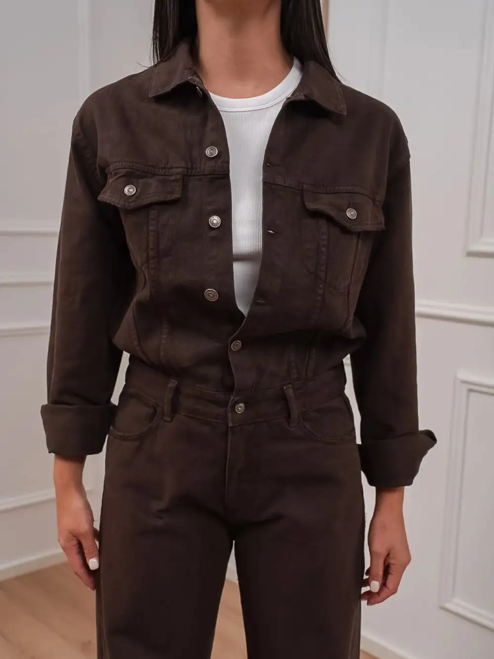 Button Front Pocket Cotton Jumpsuit