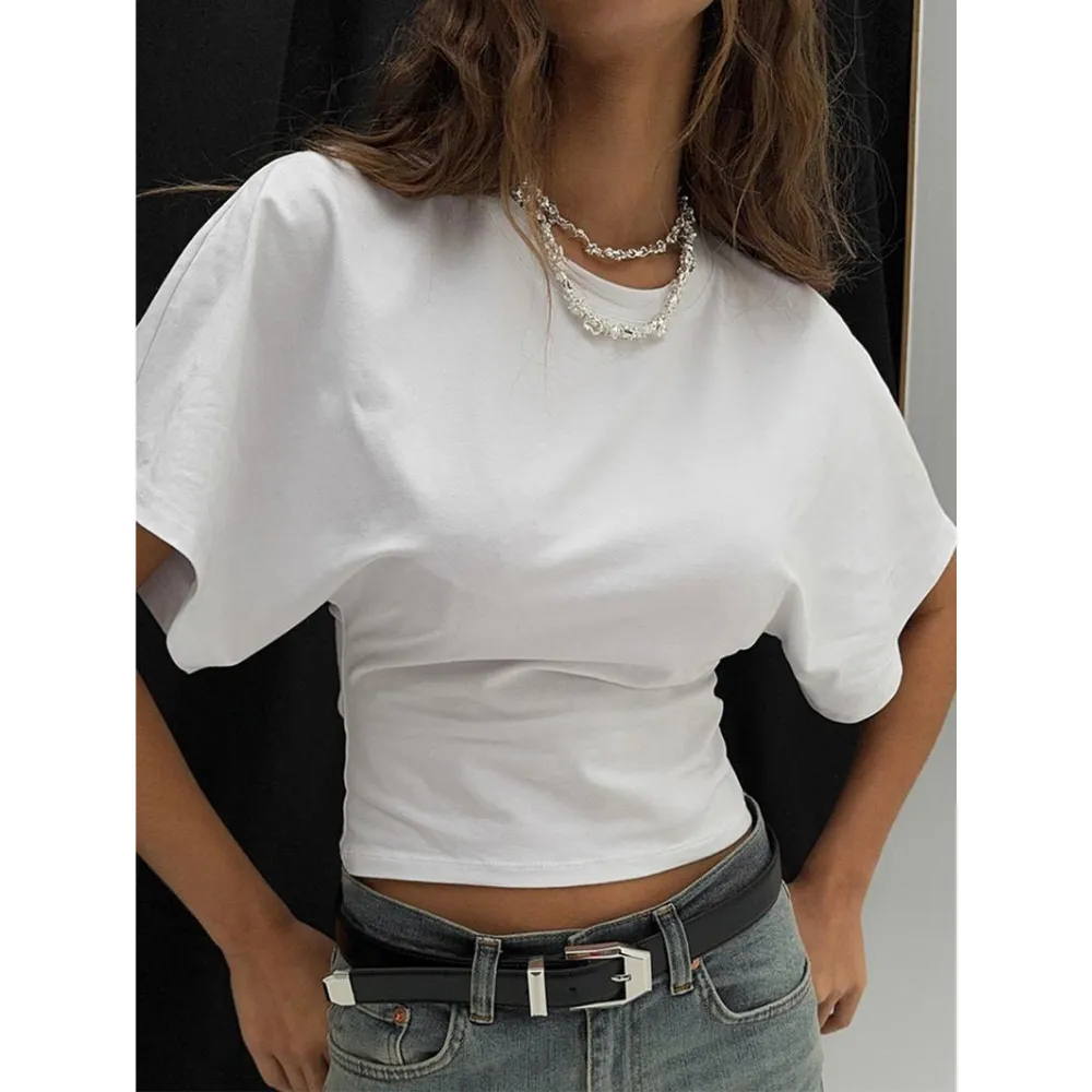 Women's Solid Color Crop Tee, Casual Half Sleeve Round Neck T-shirt