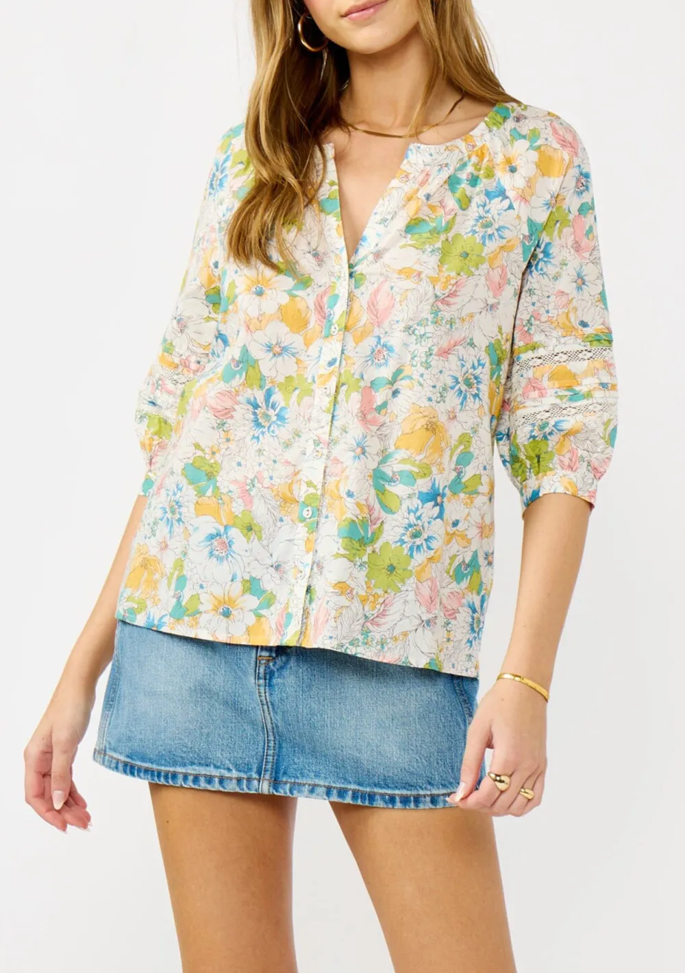Floral Notched Button Blouse