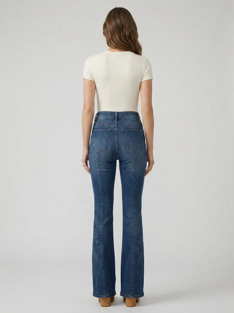 Women's Festival Inspired Floral Embroidered Print High Rise Flare Jeans