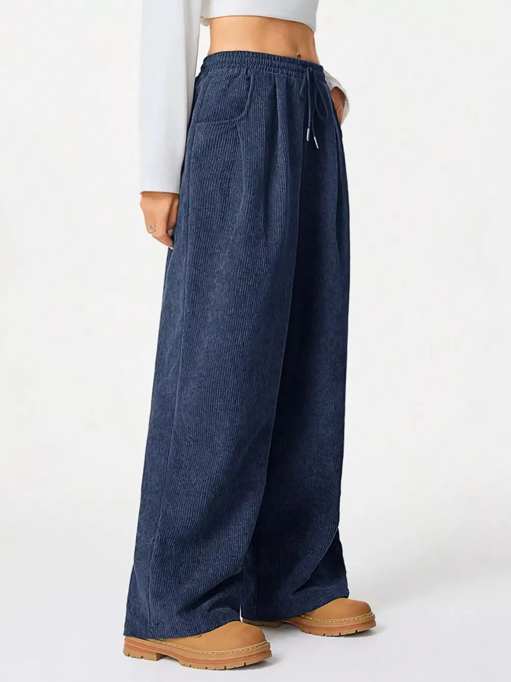 Wide Leg Corduroy Drawstring Pocketed Pants