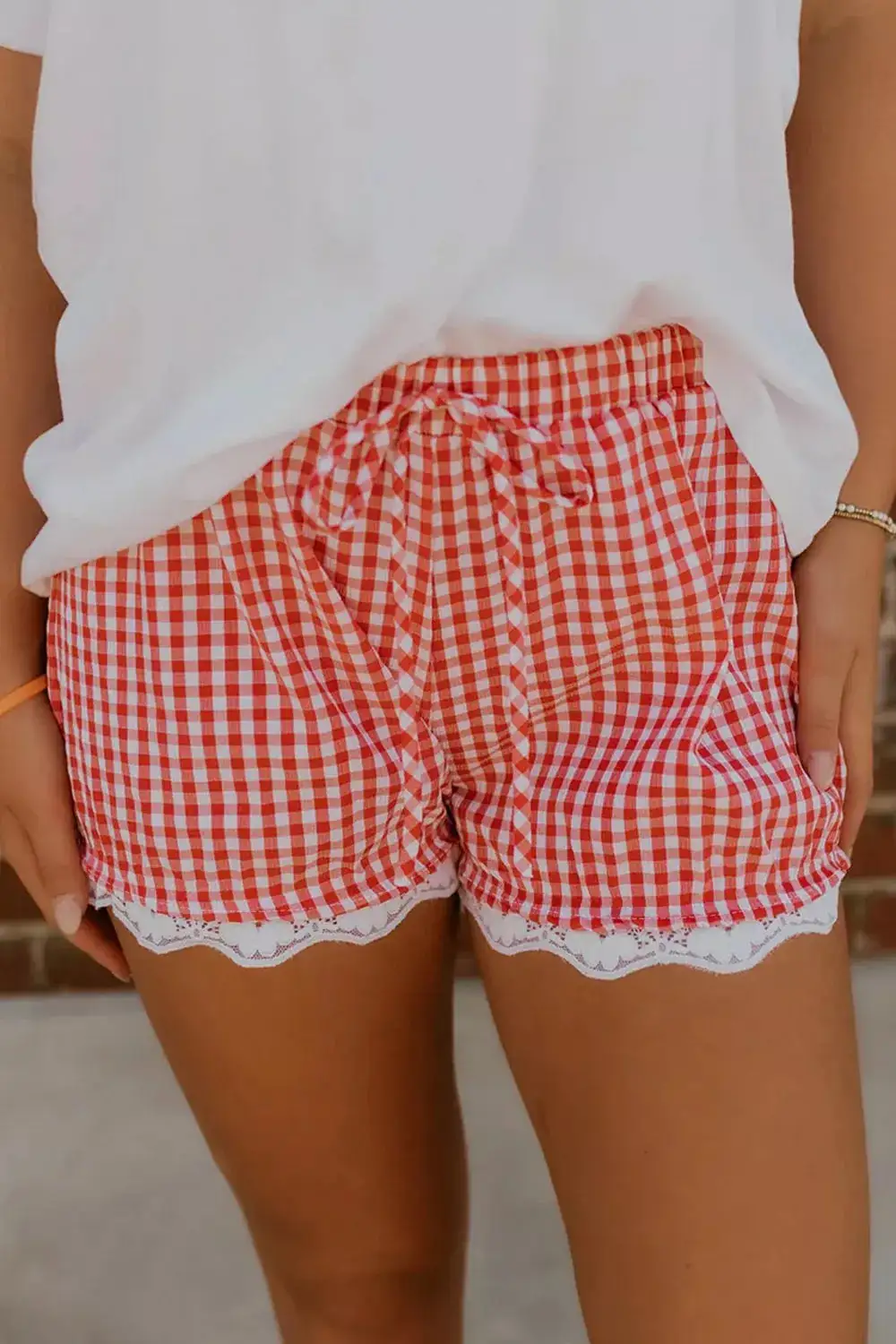 Gingham Plaid Tie Elastic Casual Shorts