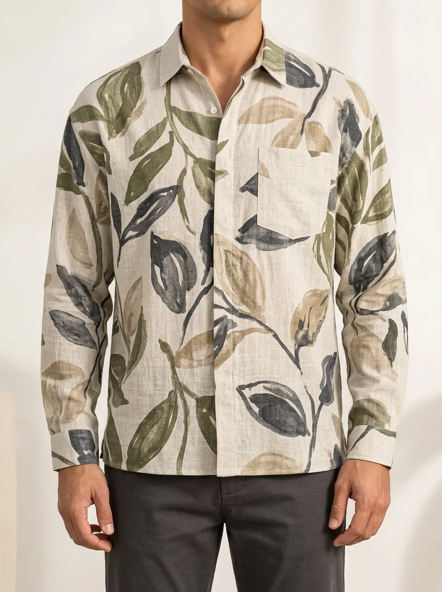 Men's Long Sleeve Shirt Featuring Leaf Artwork