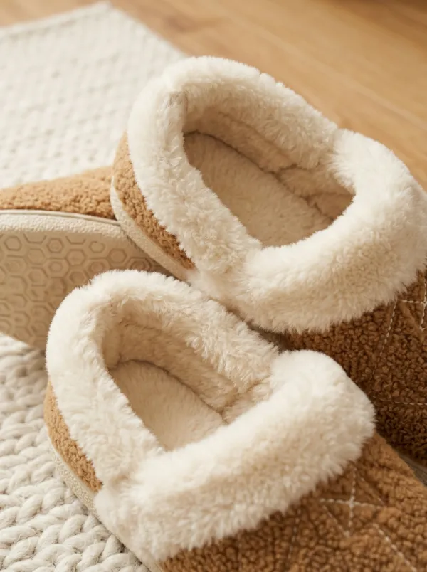 Women's Cozy Brown Faux Shearling Quilted Fleece Lined Warm Wool Slippers