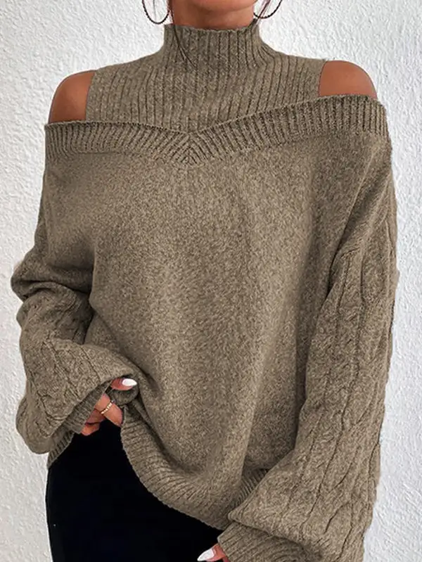 Openwork Paneled Cold Shoulder Long Sleeve Relaxed Fit Pullover Sweater