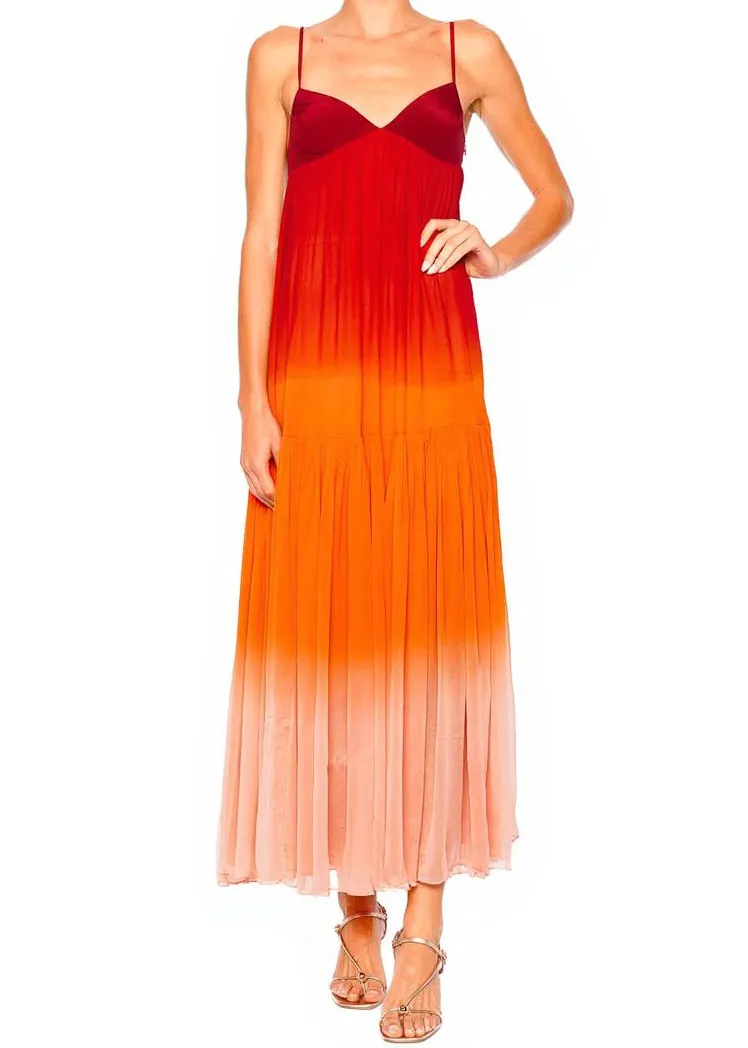 Sunset Gradient Pleated Tiered Maxi Dress