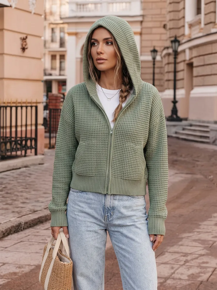Waffle-Knit Zip-Up Textured-Knit Women's Hooded Knit Cardigan