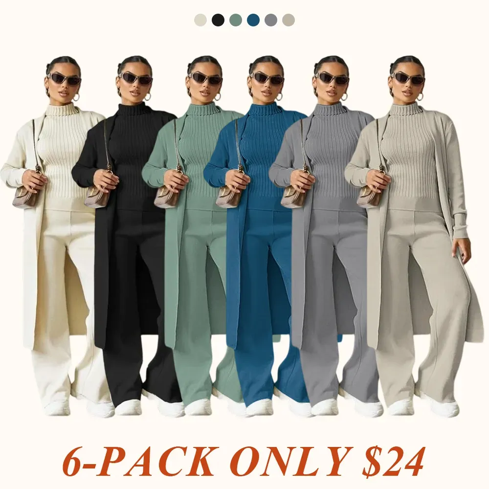 Trendy Knit Turtle Neck Tank & Wide Leg Trousers With Open-Front Long Cardigan Three-Piece Sets